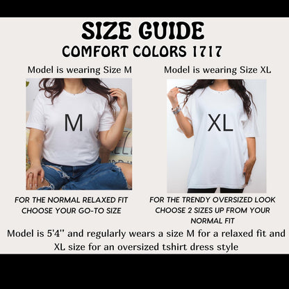 The image is a size guide for a model wearing a white t-shirt, providing information about the sizes M and XL for different styles of t-shirts.