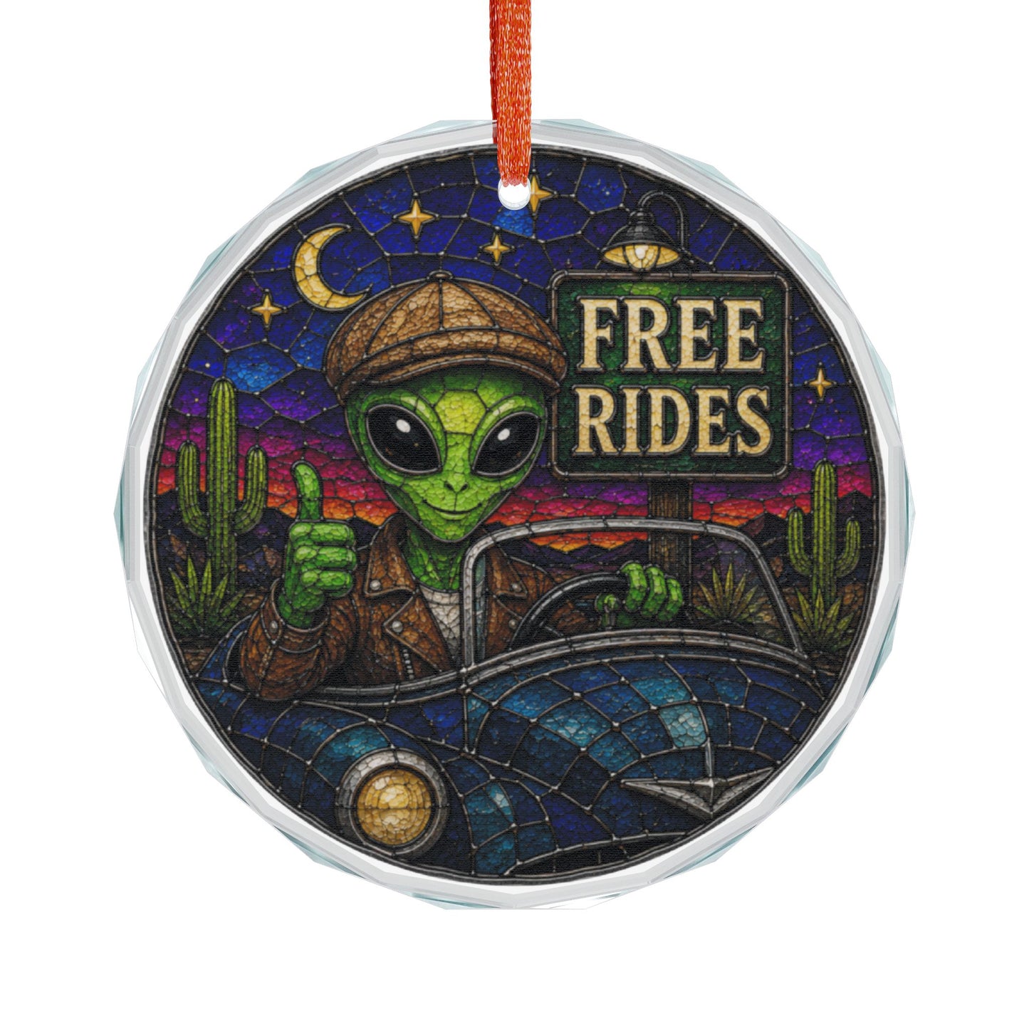 Free Rides Glass Ornament - Stained-Glass Style Alien Holiday Decoration - Made with REAL GLASS