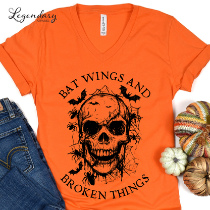 Bat Wings and Broken Things Halloween Skull V-Neck Shirt