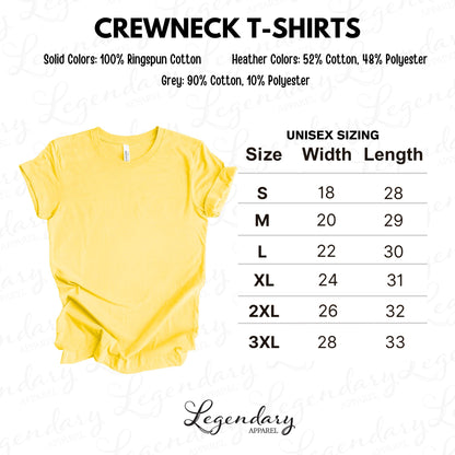 The image is a crewneck t-shirt with a size chart and solid colors.