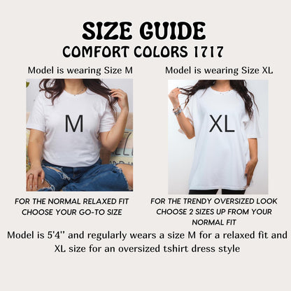 The image is a size guide for a model wearing a white t-shirt with the letter "M" on it. The guide provides information about the model's size based on the t-shirt size, suggesting that the model is wearing a size M for a relaxed fit and an XL size for an oversized t-shirt dress style.