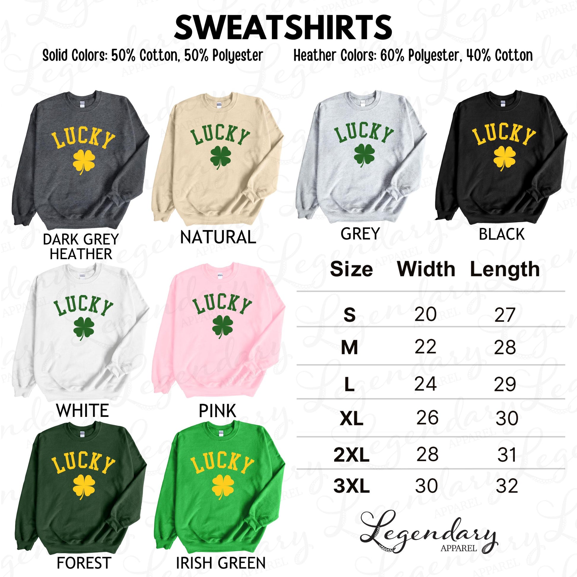 a collection of eight different sweatshirts, each with a unique color and size, arranged in a grid format. The sweatshirts feature the word "Lucky" prominently on the front, and the sizes are listed below each sweatshirt.
