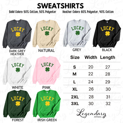 a collection of eight different sweatshirts, each with a unique color and size, arranged in a grid format. The sweatshirts feature the word "Lucky" prominently on the front, and the sizes are listed below each sweatshirt.