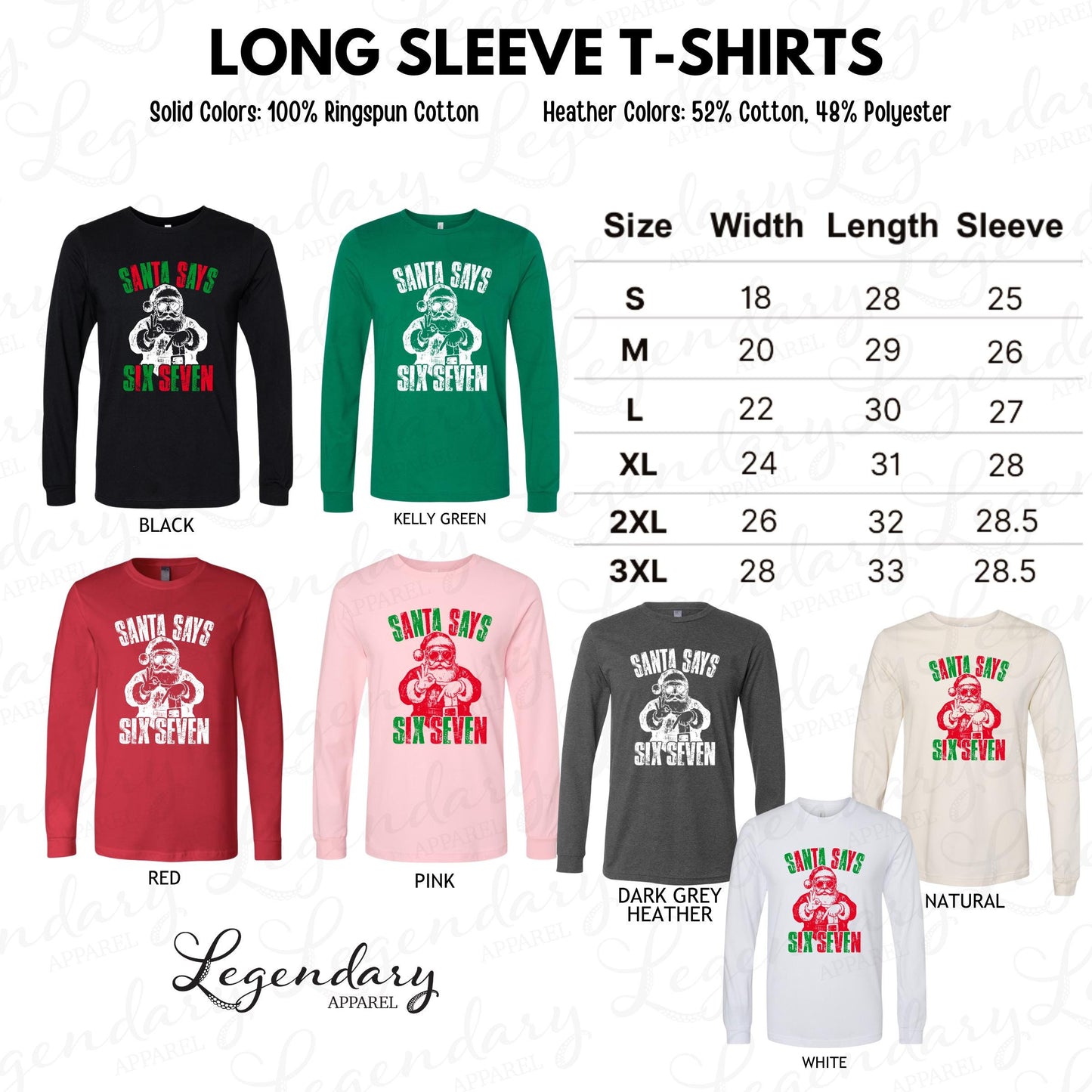 a collection of long sleeve t-shirts in various solid colors and heather colors, including Santa&#39;s Seven. The t-shirts are labeled with their sizes and the color options available.