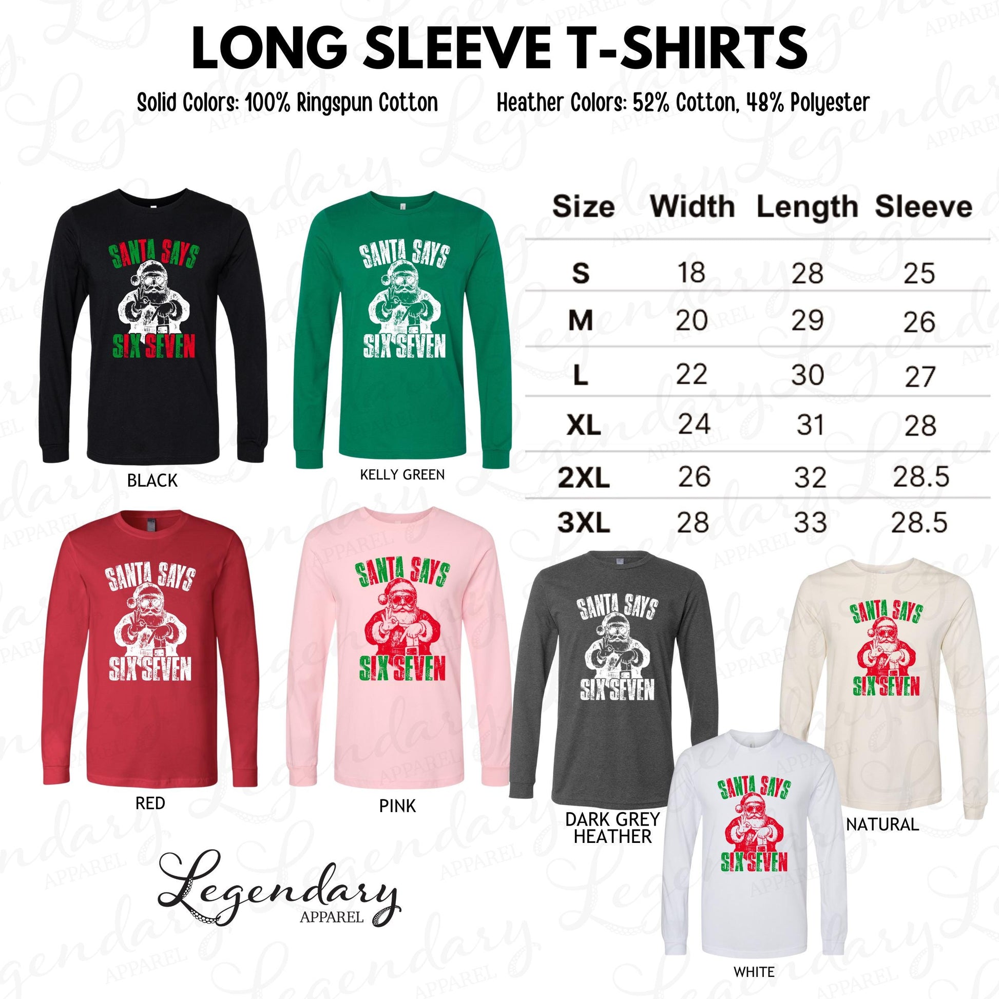 a collection of long sleeve t-shirts in various solid colors and heather colors, including Santa&#39;s Seven. The t-shirts are labeled with their sizes and the color options available.