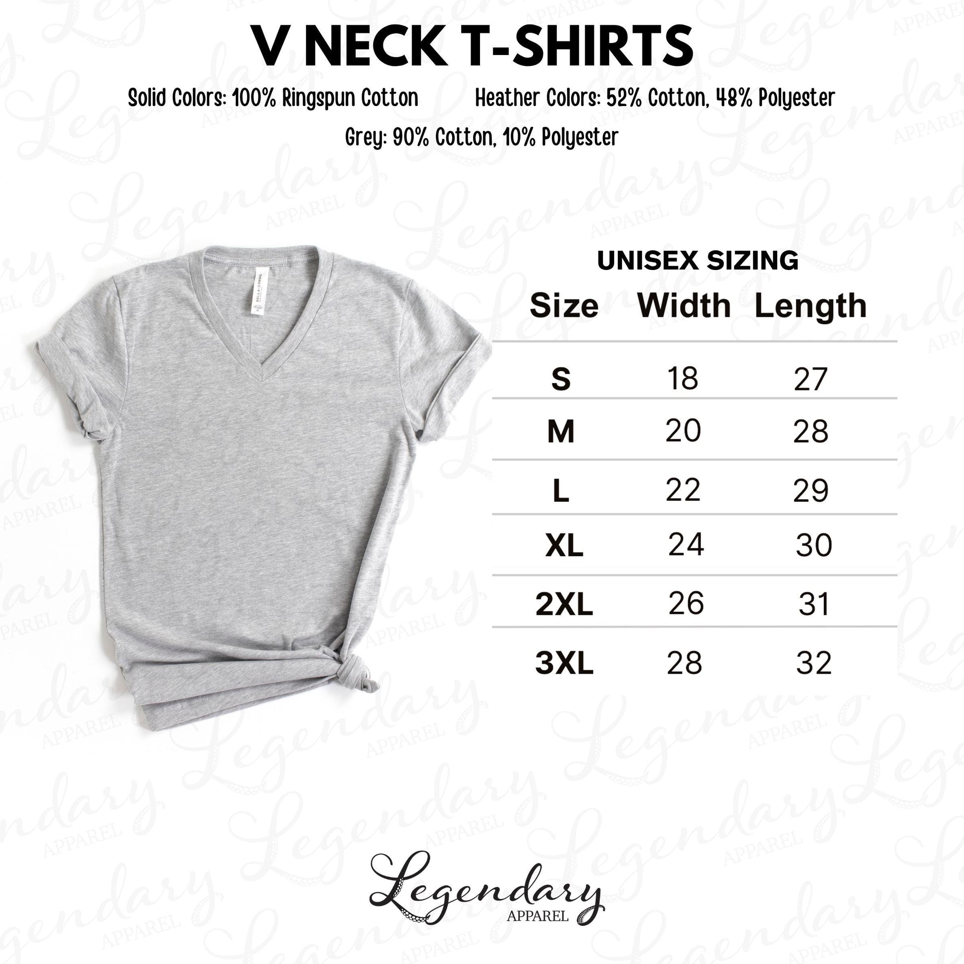 a gray V neck t-shirt with a size chart indicating the different sizes available, including S, M, L, XL, 2XL, and 3XL.