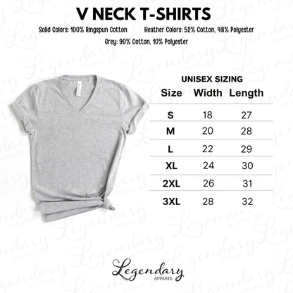 a gray V neck t-shirt with a size chart indicating the different sizes available, including S, M, L, XL, 2XL, and 3XL.
