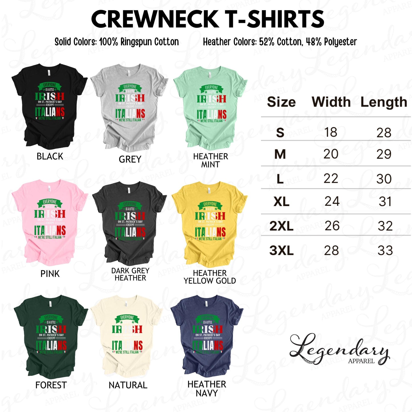 a collection of crew neck t-shirts in various solid colors, including black, grey, green, mint, yellow, and pink, as well as crew neck styles in different heather colors, such as black, grey, and pink. The t-shirts are arranged in a grid format, with sizes ranging from S to XL and a few extra sizes. The image also includes a table with width and length measurements for each t-shirt, providing a visual guide for selecting the appropriate size.