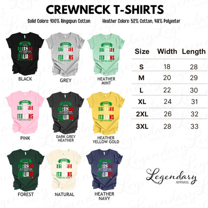 a collection of crew neck t-shirts in various solid colors, including black, grey, green, mint, yellow, and pink, as well as crew neck styles in different heather colors, such as black, grey, and pink. The t-shirts are arranged in a grid format, with sizes ranging from S to XL and a few extra sizes. The image also includes a table with width and length measurements for each t-shirt, providing a visual guide for selecting the appropriate size.