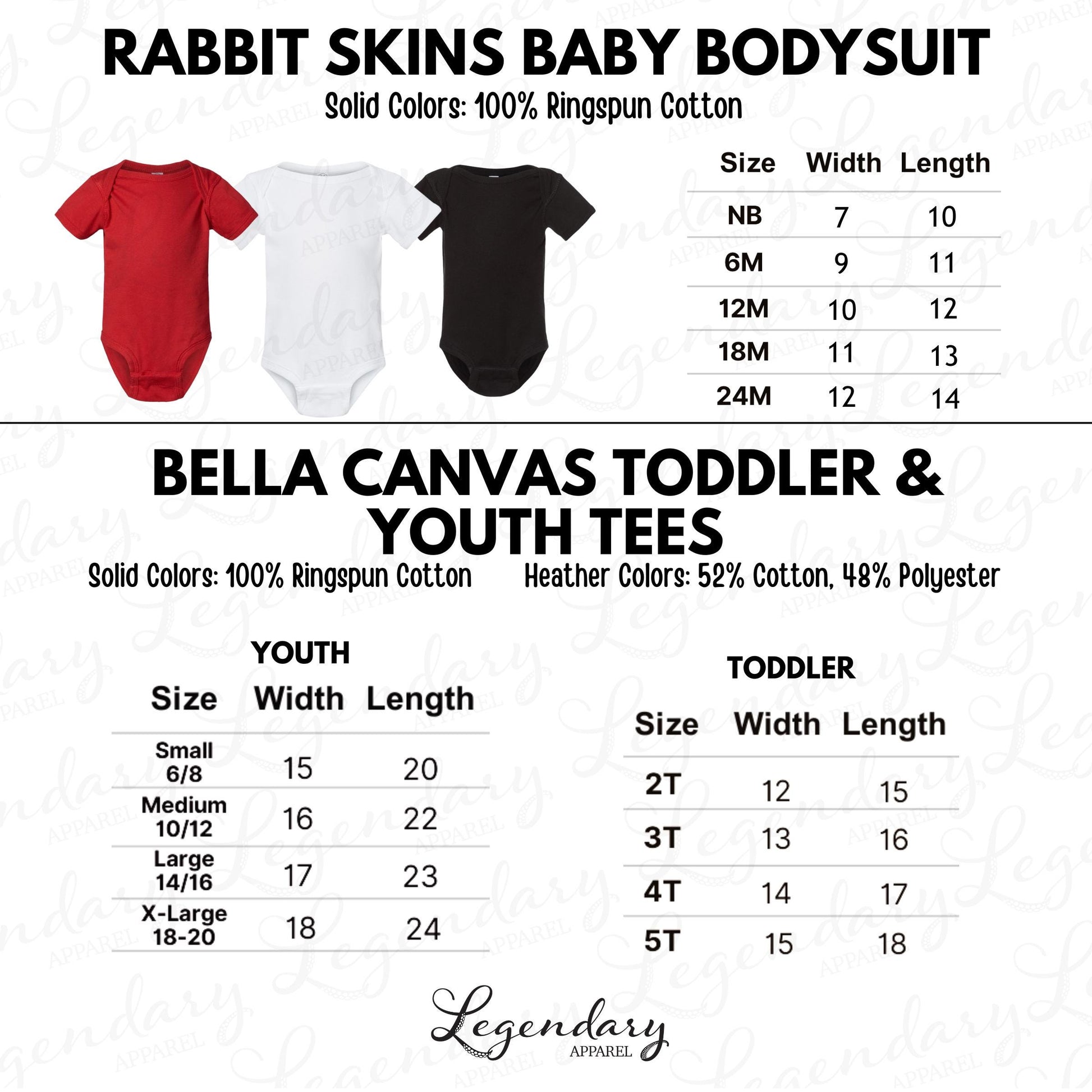 The image is a collection of baby clothing items, including a rabbit skins baby bodysuit and a toddler and youth t-shirt. The items are displayed in various sizes and colors, with solid colors ranging from 100% to 100% cotton. The image provides size and width length information for both the baby bodysuit and the toddler and youth t-shirt, as well as the corresponding adult sizes for each item.