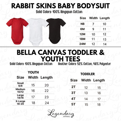 The image is a collection of baby clothing items, including a rabbit skins baby bodysuit and a toddler and youth t-shirt. The items are displayed in various sizes and colors, with solid colors ranging from 100% to 100% cotton. The image provides size and width length information for both the baby bodysuit and the toddler and youth t-shirt, as well as the corresponding adult sizes for each item.