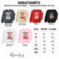 a collection of six different styles of Santa Sayings Sweatshirts, each with varying sizes and colors. The sizes are listed below the corresponding styles, and the width and length of each sweater are provided.