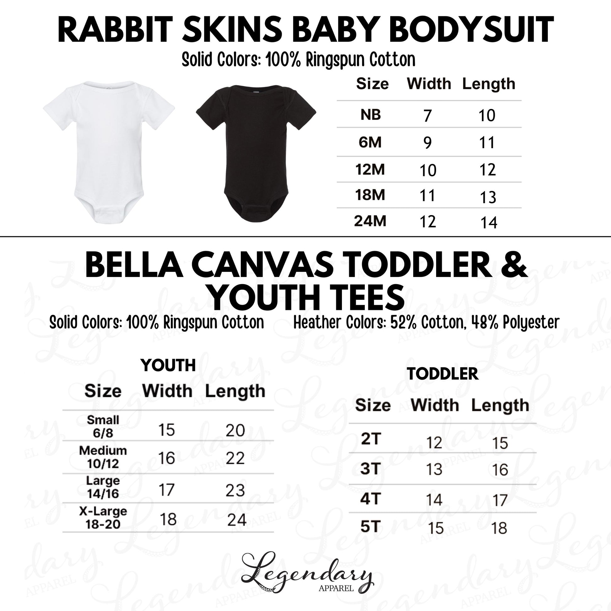 The image is a collection of baby clothing items, including a rabbit skins baby bodysuit and a toddler and youth t-shirt. The items are solid-colored, made of 100% ringspun cotton, and feature a variety of sizes and widths for different age groups.
