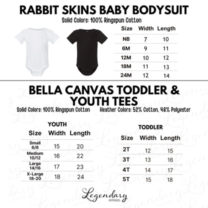 The image is a collection of baby clothing items, including a rabbit skins baby bodysuit and a toddler and youth t-shirt. The items are solid-colored, made of 100% ringspun cotton, and feature a variety of sizes and widths for different age groups.