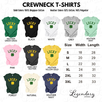 a collection of crew neck t-shirts in various solid colors and heather colors, with sizes ranging from 18 to 33 inches. The t-shirts feature the word "Lucky" and are available in different styles, such as solid colors, heather colors, and polyester.