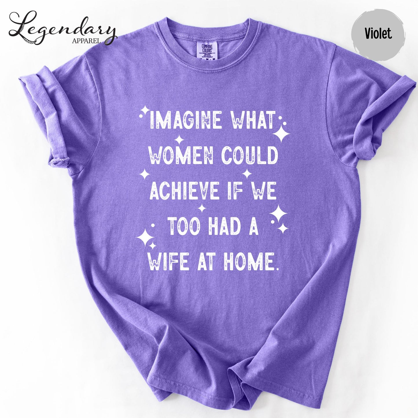 a purple t-shirt with a humorous text printed on it.
