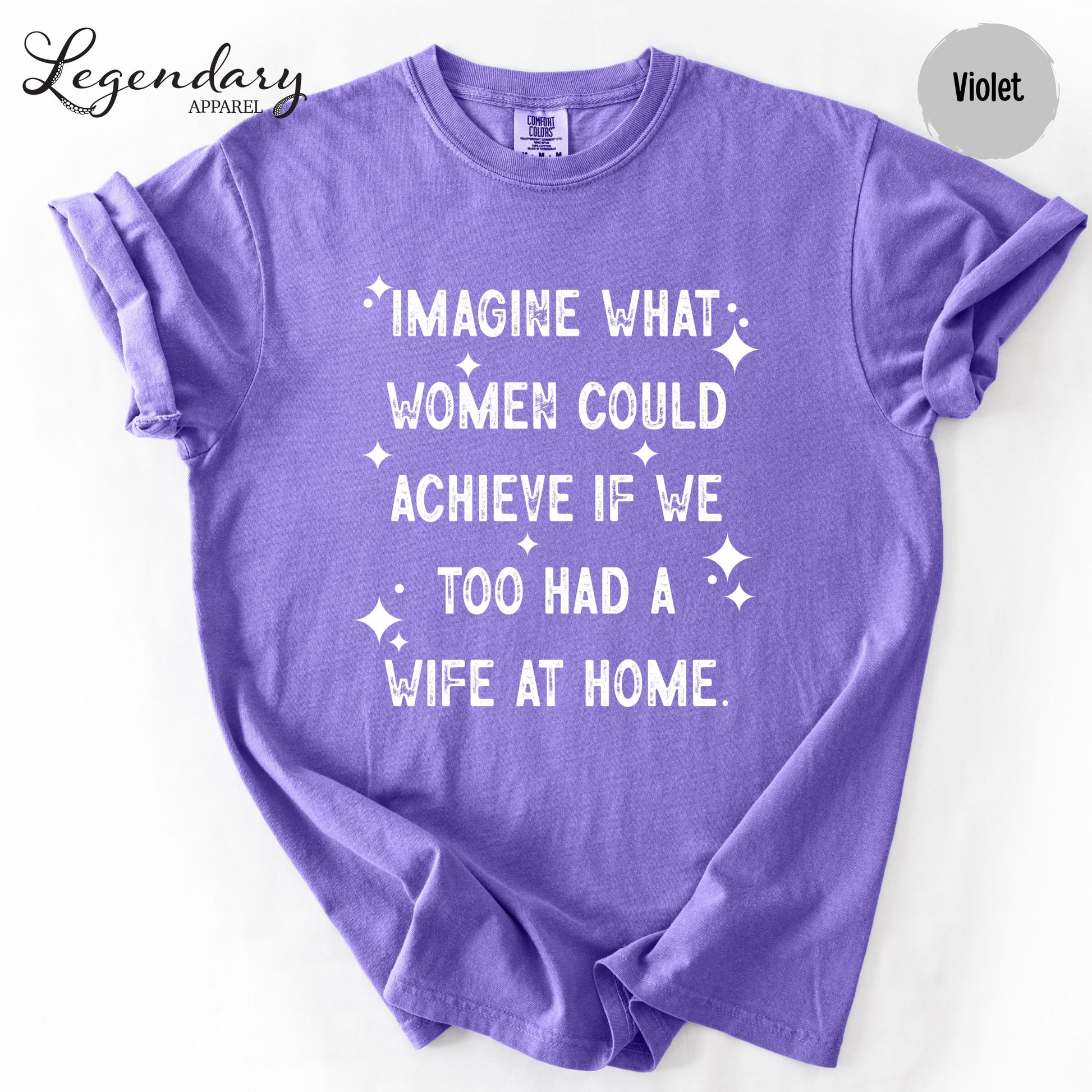 a purple t-shirt with a humorous text printed on it.