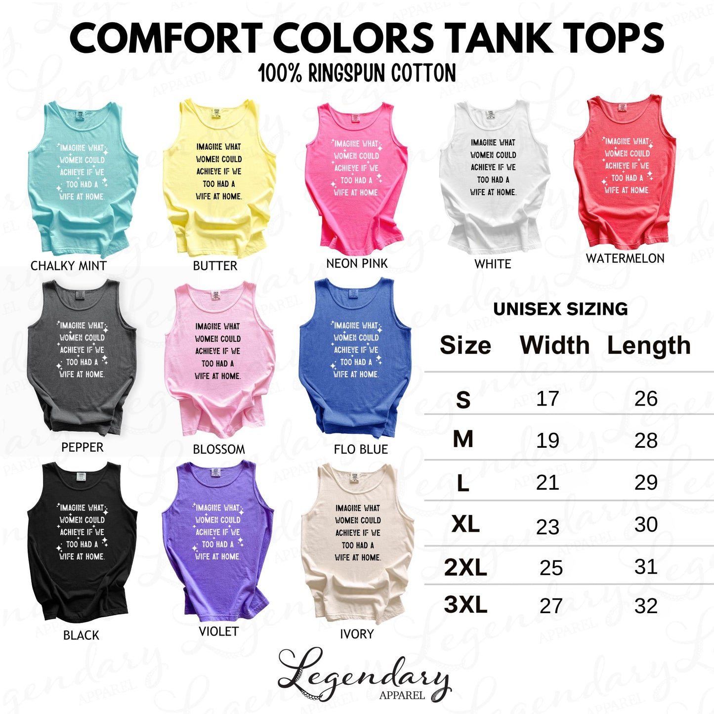 a collection of colorful tank tops with various sizes and styles, along with their corresponding width and length measurements.