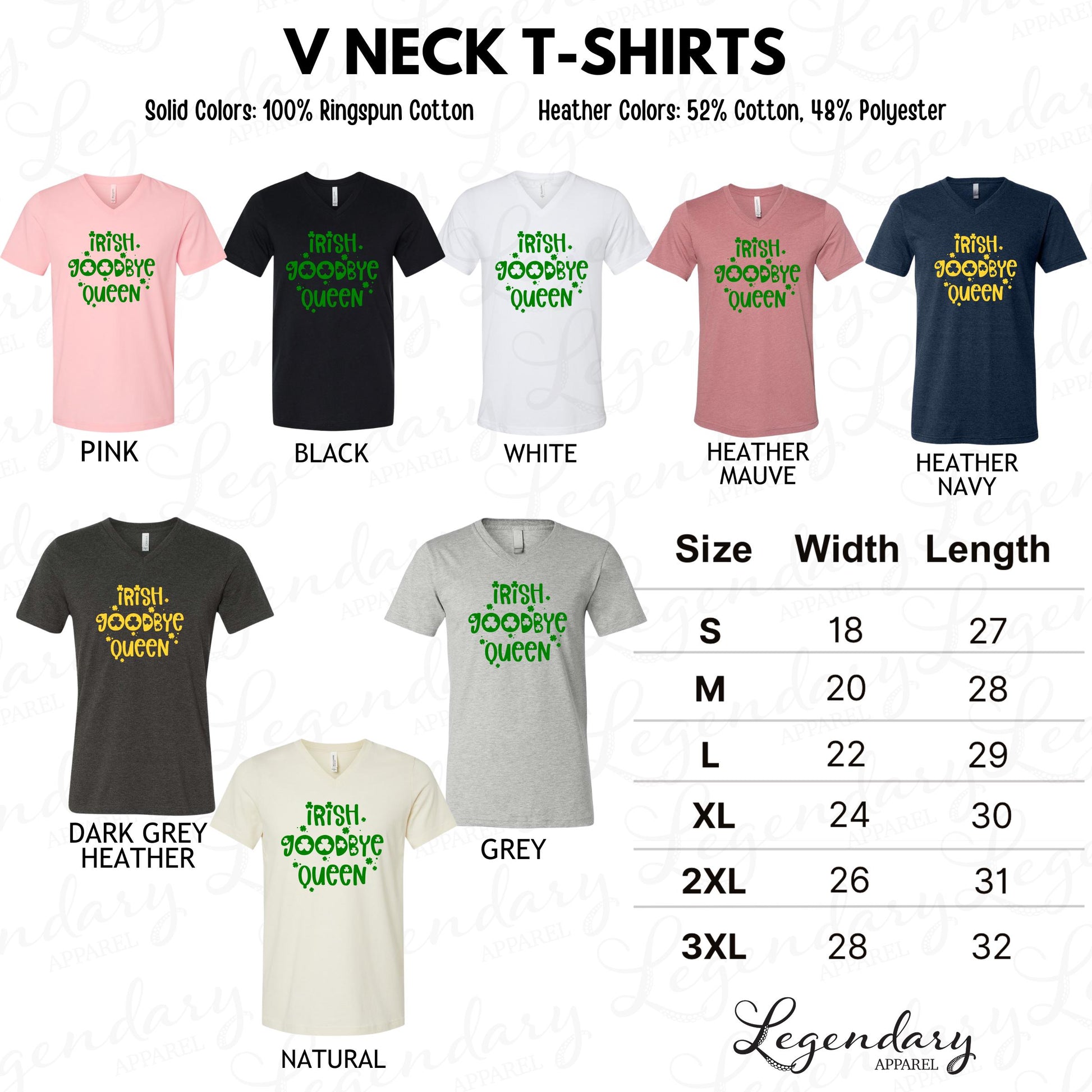 a collection of V neck t-shirts in various solid colors and heather colors, along with their corresponding sizes and widths.