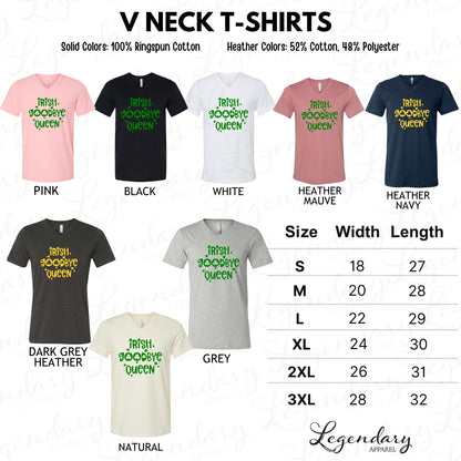 a collection of V neck t-shirts in various solid colors and heather colors, along with their corresponding sizes and widths.