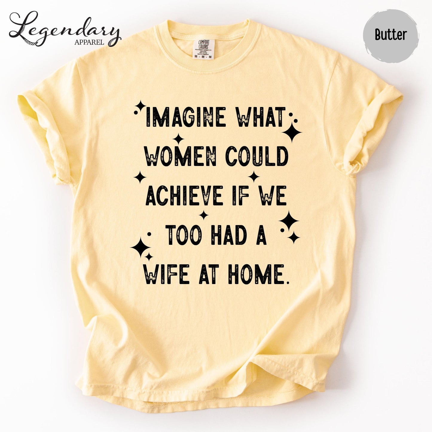 A yellow t-shirt with a humorous text printed on it.