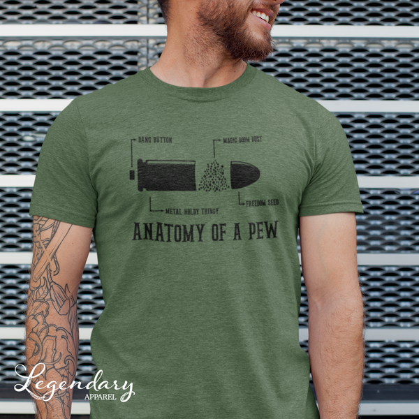 Anatomy of a Pew Funny Tee Shirt in Military Green, Designed & Decorated in the USA!