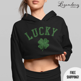 Glittery Lucky Crop Top Pullover Hoodie w/Shamrock
