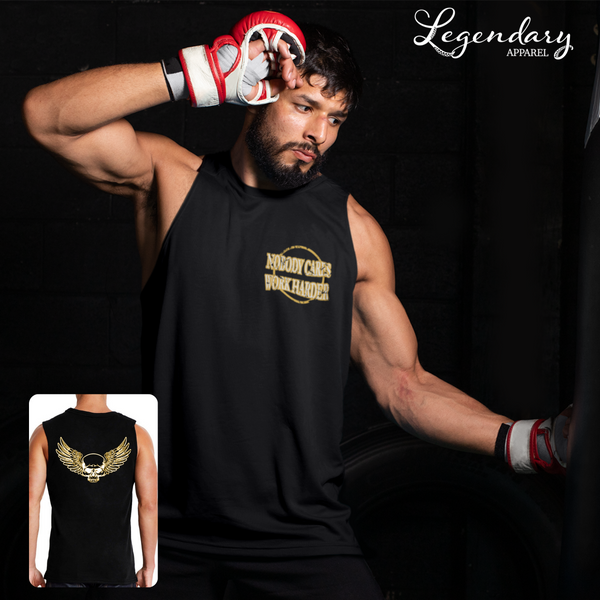 Nobody Cares Work Harder Men's Muscle Tank with Skull and Wings Full Back Graphic