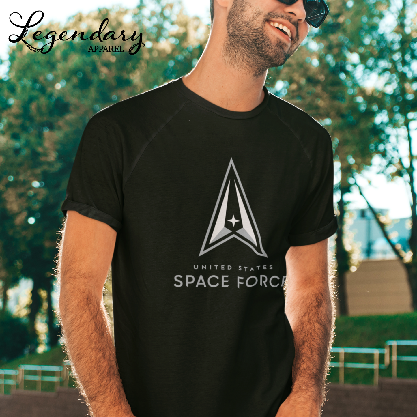 Space Force Logo Tee Shirt with American Flag on Left Sleeve, Designed & Decorated on Florida's Space Coast