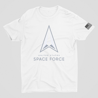 Space Force Logo Tee Shirt with American Flag on Left Sleeve, Designed & Decorated on Florida's Space Coast