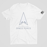 Space Force Logo Tee Shirt with American Flag on Left Sleeve, Designed & Decorated on Florida's Space Coast