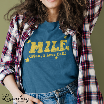 MILF (Man I Love Fall) Tee Shirt, Heather Navy Funny Autumn TShirt