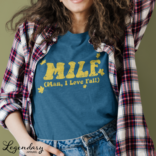 MILF (Man I Love Fall) Tee Shirt, Heather Navy Funny Autumn TShirt
