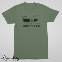 Anatomy of a Pew Funny Tee Shirt in Military Green, Designed & Decorated in the USA!