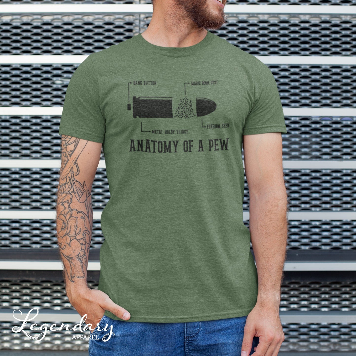 Anatomy of a Pew Funny Tee Shirt in Military Green, Designed & Decorated in the USA!